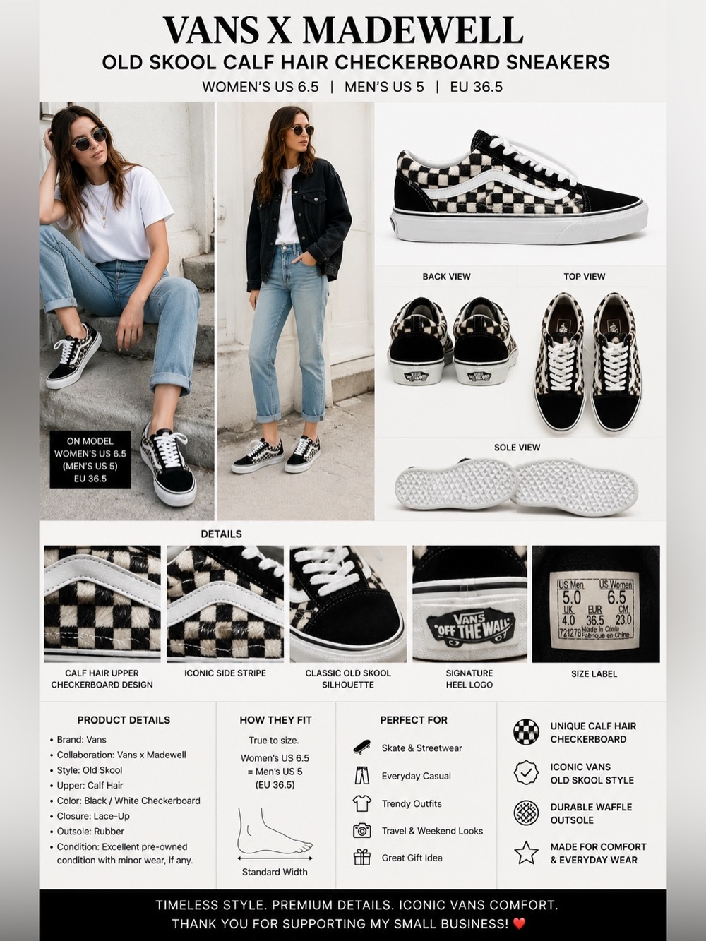 Vans x Madewell Old Skool Calf Hair Checkerboard Sneakers Women 6.5 Black White